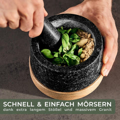 WALDWERK Vijzel met stamper, vijzel op luxe en stabiele eikenhouten basis, vijzel met extra lange stamper van natuurlijk graniet •