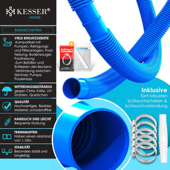 KESSER® Zwembadslang 8 m / Ø 38 mm | zwembadslang met | zonne-slang voor zwembad | zuigslang | pompslang | flexibele waterslang incl. slangklemmen en -verbinding | blauw