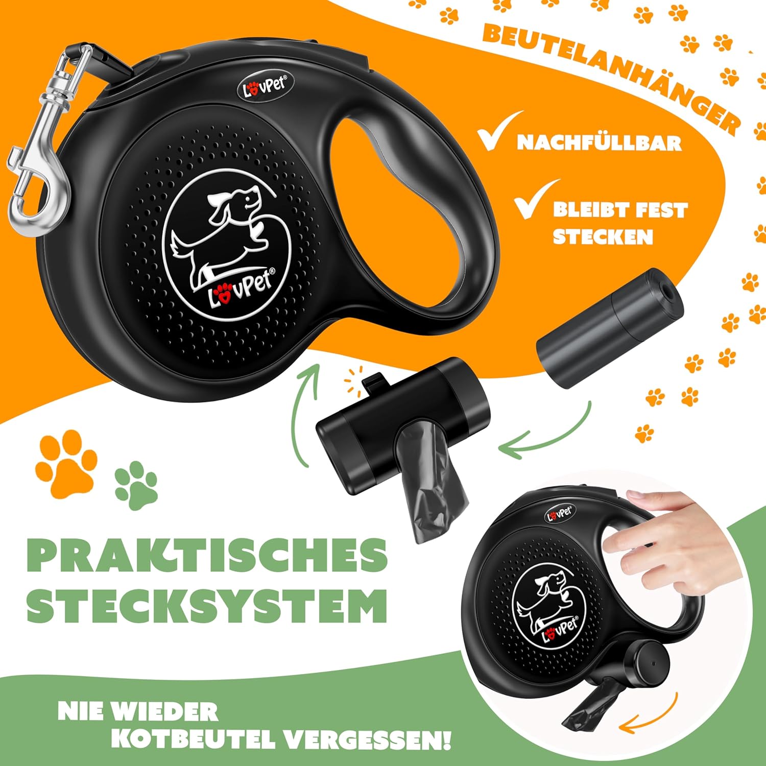 Lovpet® Hondenrollijn, 8 m, hondenriem voor kleine en grote honden, 50 kg, uittrekbare lijn, ergonomische en antislip handgreep, jogginglijn, 360 graden lijnverlenging, looplijn, reflecterende mazen