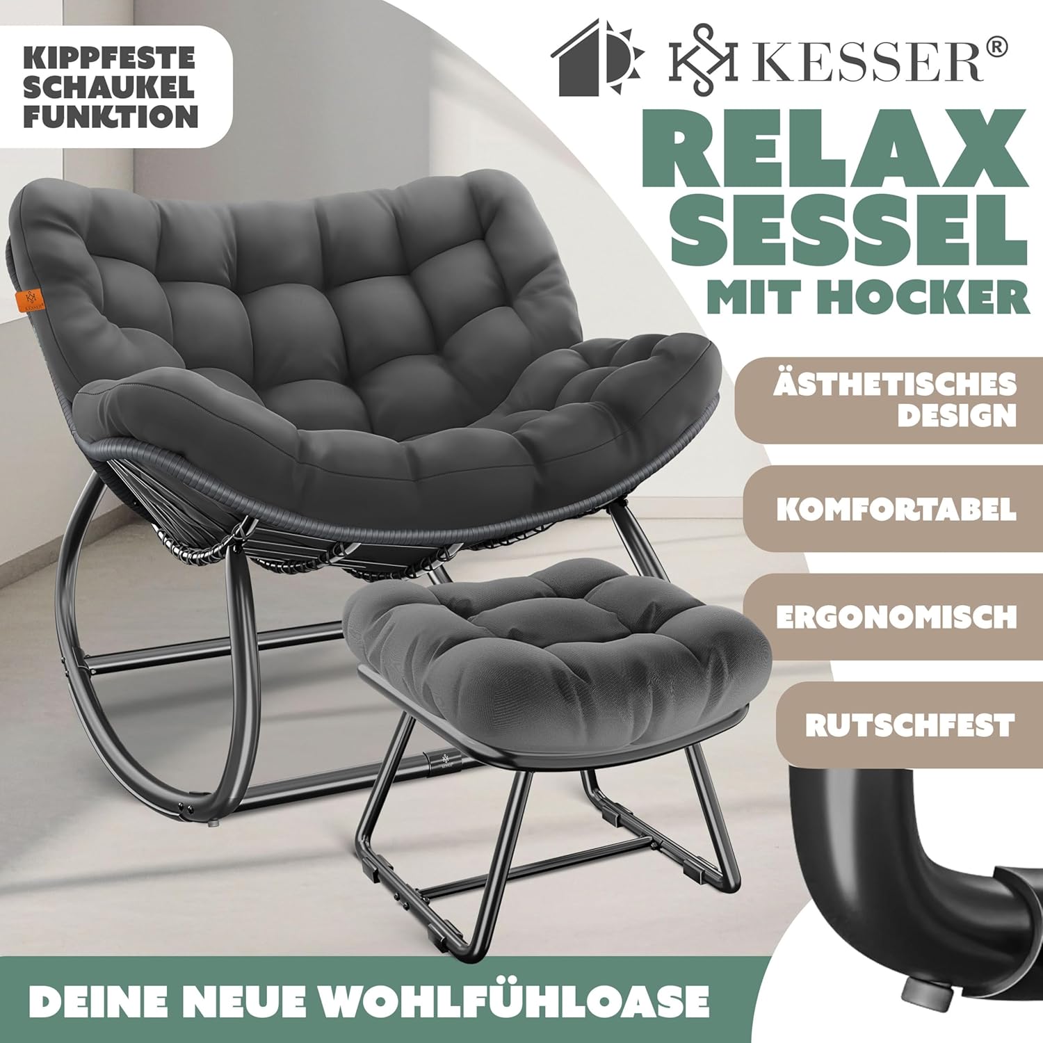 KESSER® Ergonomische schommelstoel - Relaxstoel - Antislip - Antraciet •