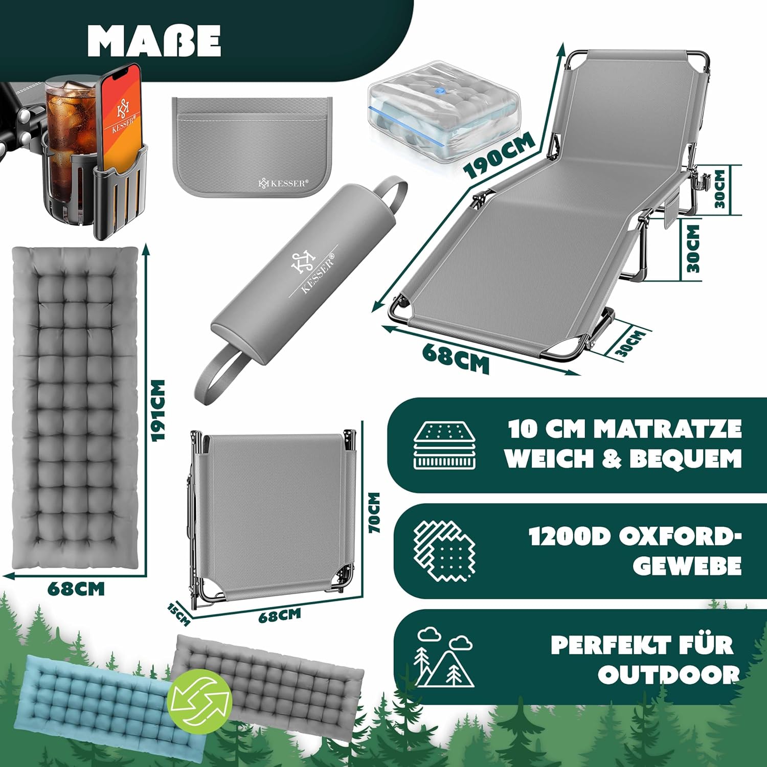 KESSER® Campingbed - Ligbed - Inklapbaar - 190x68x30cm - Grijs
