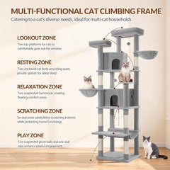 Krabpaal groot 216 cm, kattenboom XXL, krabpaal voor grote katten, stabiel, met krabzuilen, 2 gezellige holletjes, 2 platforms, 2 manden, hangmat, voor binnen, lichtgrijs FPMS007FG1