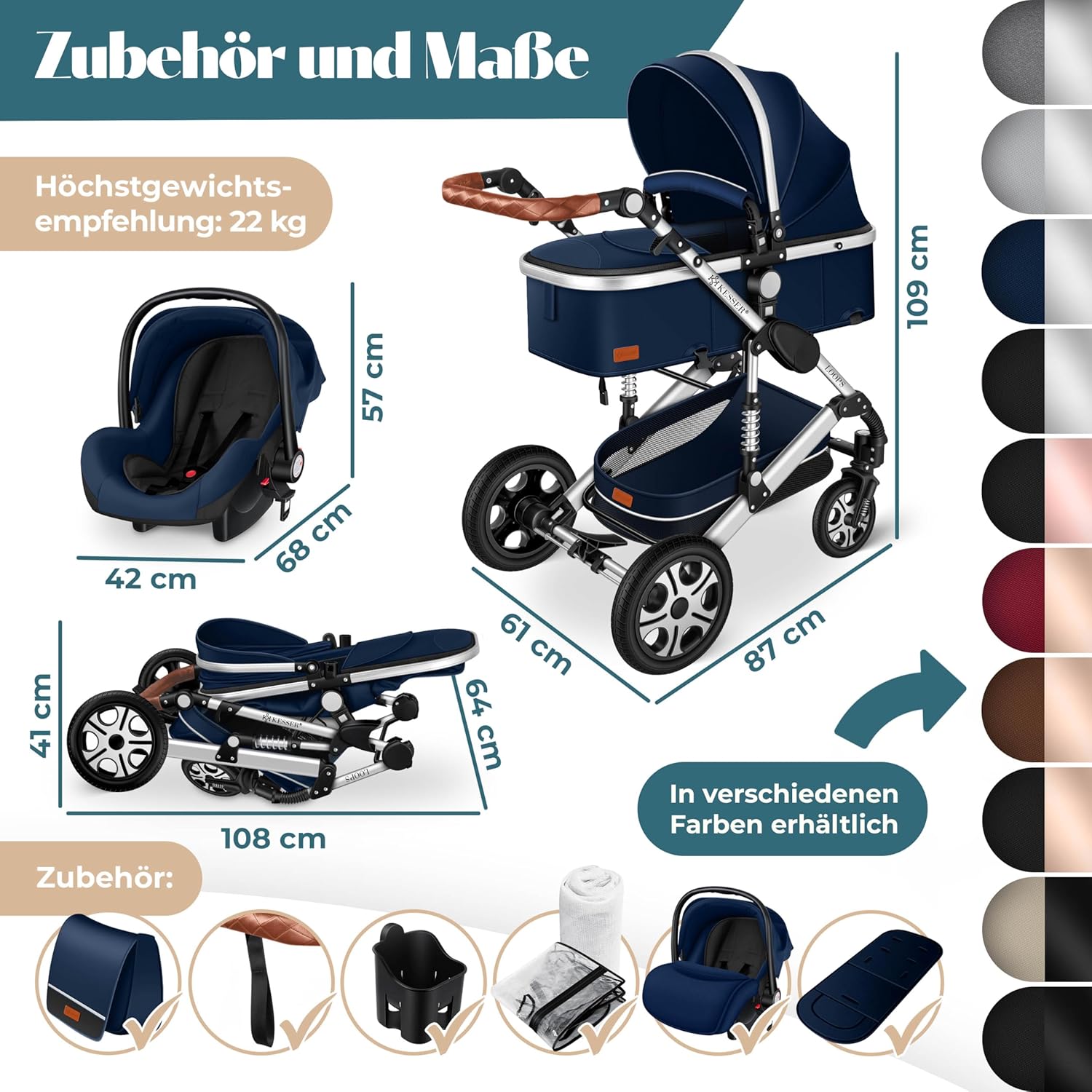 Kinderwagen 3 in 1 - Buggy - Wandelwagen - Kinderbuggy - Blauw - KESSER®