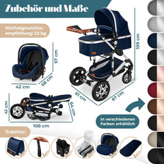 Kinderwagen 3 in 1 - Buggy - Wandelwagen - Kinderbuggy - Blauw - KESSER®