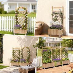Plantenbak met wieltjes, houten verhoogd bloembed met trellis, weerbestendige plantenbak met drainagegaten, mobiele bloembak voor tuin, balkon en terras, 49 x 28 x 116 cm, lichtbruin