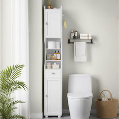 HEXCELEN Badkamerkast, Hoge Badkamerkast, Vrijstaande Vloerkast met 2 Deuren en 1 Lade, Toiletorganizer met Verstelbare Plank, 1 Haak voor Woonkamer, Keuken, Wit 480013X