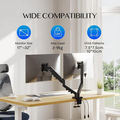 FlexiSpot bureauhouder voor twee monitoren, geschikt voor schermen van 43,2-81,3 cm (17-32 inch), met USB-poort, VESA 75/100 mm, ergonomisch, in hoogte verstelbaar, kantelbaar, draaibaar, maximaal