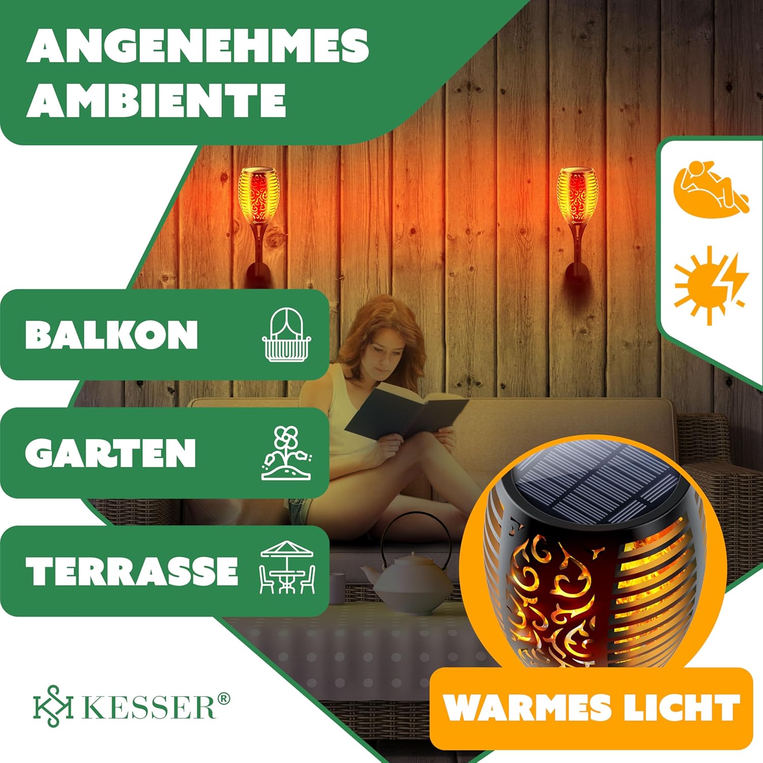 KESSER® 2 Solar Tuinfakkels - Tuinverlichting - Sensor - Zwart