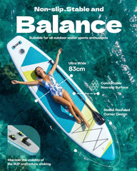 SOLAVERO Opblaasbare Paddle voor Volwassenen, 335 x 83 x 15 cm, Stand-Up Paddle met Antislip EVA-brug, Verstelbare Paddle, 3 Vinnen, voor Alle Niveaus, tot 200 kg, wit/blauw