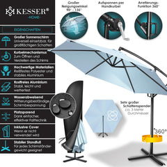 KESSER® Zweefparasol met voet  - Ø3m - 360° Draaibaar  - Lichtblauw