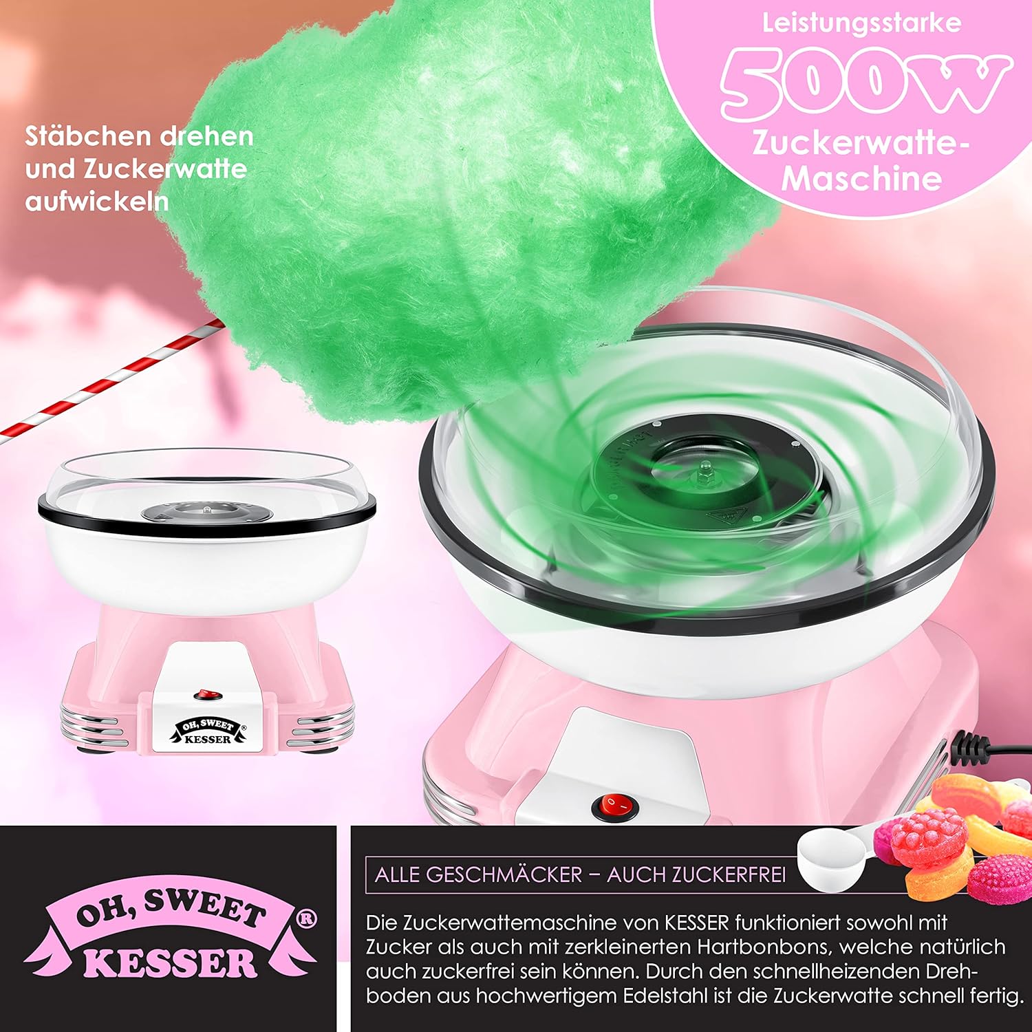 KESSER® Suikerspinmachine - Retro - 500W - Roze/Wit