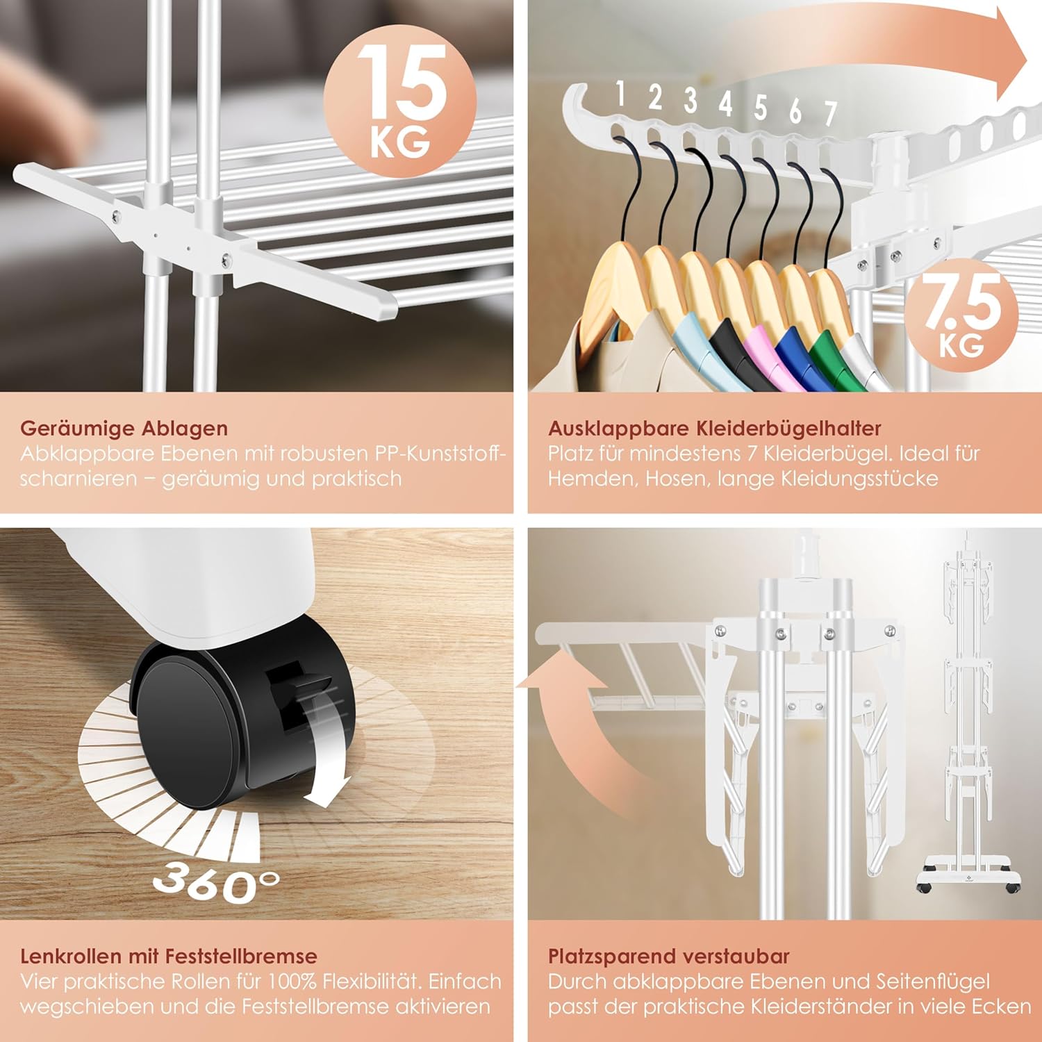 KESSER® Droogrek met wielen, ruimtebesparende wasdroger voor binnen en buiten, 4 etages, 2 draaibare zijvleugels en 6 inklapbare niveaus, staande droogtoren, inklapbaar, incl. klemmen