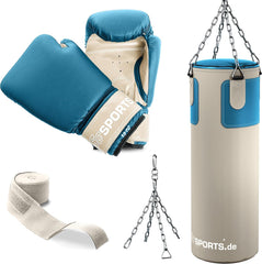 Bokszakset met bokszak, 25 kg, inclusief bokshandschoenen, boksbandages en 5-punts stalen ketting, beige/petrol