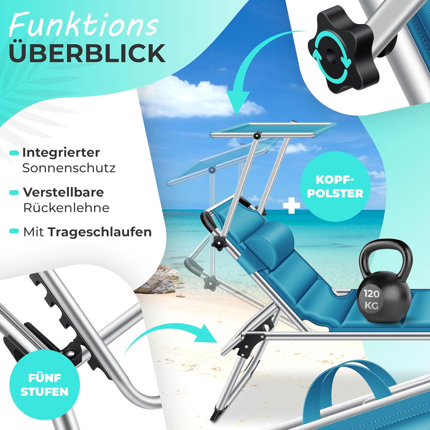Ligbed - Ligstoel - Zonnebed - Opvouwbaar - Blauw - KESSER®