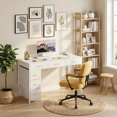 HLDIRECT Computer Bureau met 6 lades, stof, 120 x 50 cm, computerbureau met opbergruimte, computerbureau voor thuiskantoren, slaapkamers, woonkamers, wit