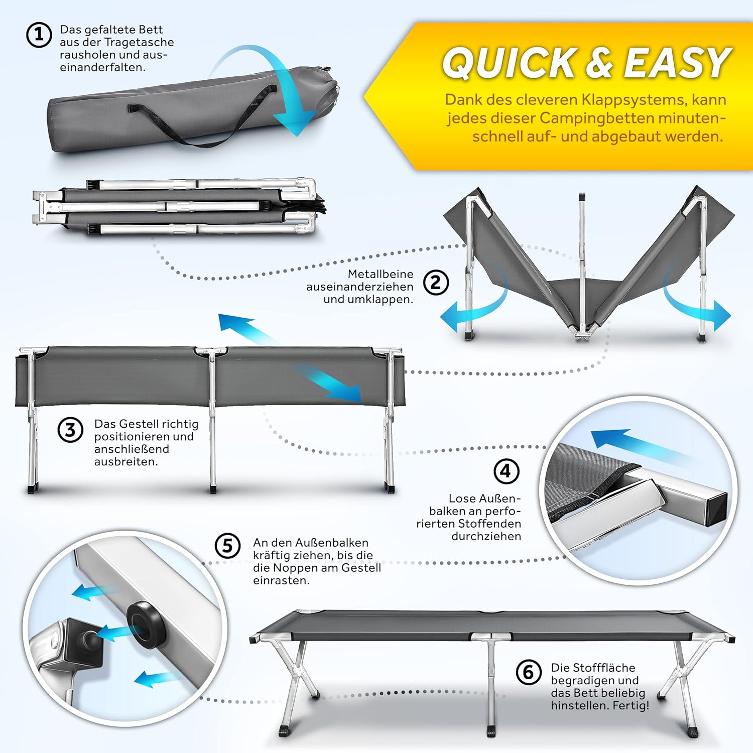Veldbed - 1 Persoons - Kampeerbed - Stretcher - Grijs - TRESKO®