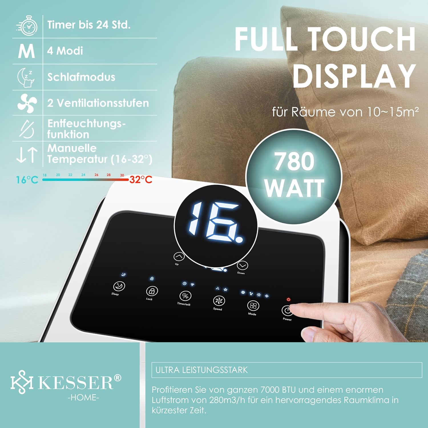 KESSER® Mobiele airconditioning, 4-in-1, koelen, luchtontvochtiger, ventilator, 7000 BTU/h, 780 W, mobiel klimaat met montagemateriaal, afstandsbediening en timer, nachtmodus en 360° wielen