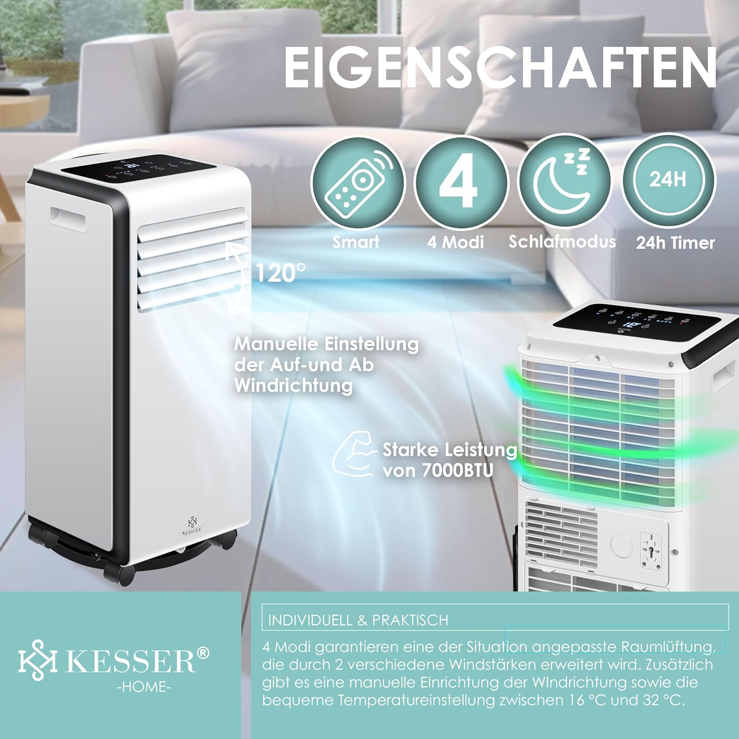 KESSER® Mobiele airconditioning, 4-in-1, koelen, luchtontvochtiger, ventilator, 7000 BTU/h, 780 W, mobiel klimaat met montagemateriaal, afstandsbediening en timer, nachtmodus en 360° wielen
