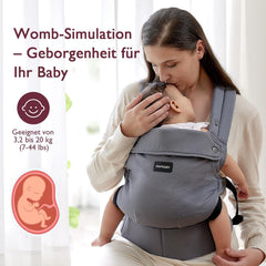 Momcozy Babydrager van 100% katoen vanaf de geboorte | Ergonomische M-positie, X-rug en EVA-lendensteun, 3,2-20 kg, 0-24 maanden, wasbaar, tailleriem 64-127 cm, grijs