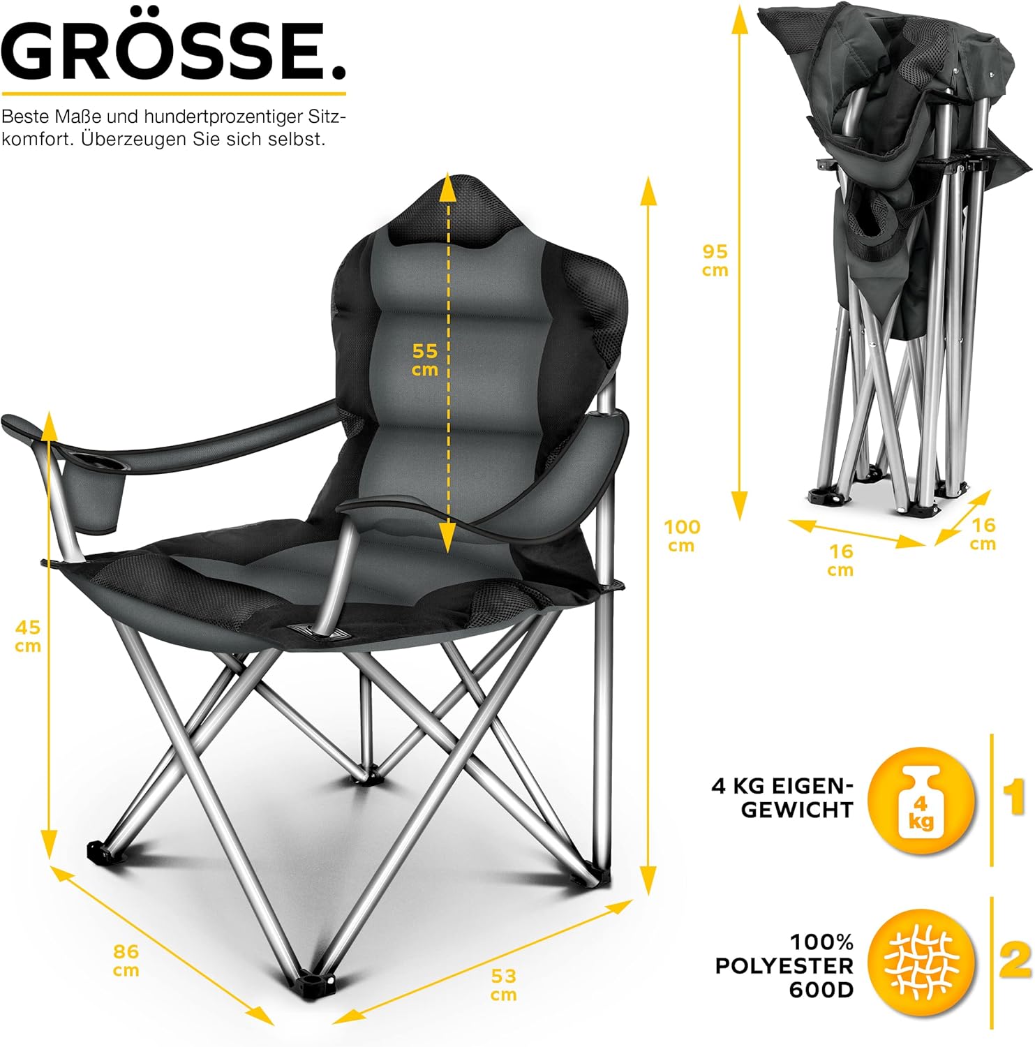 TRESKO® Campingstoel - Visstoel - Vouwstoel - Grijs