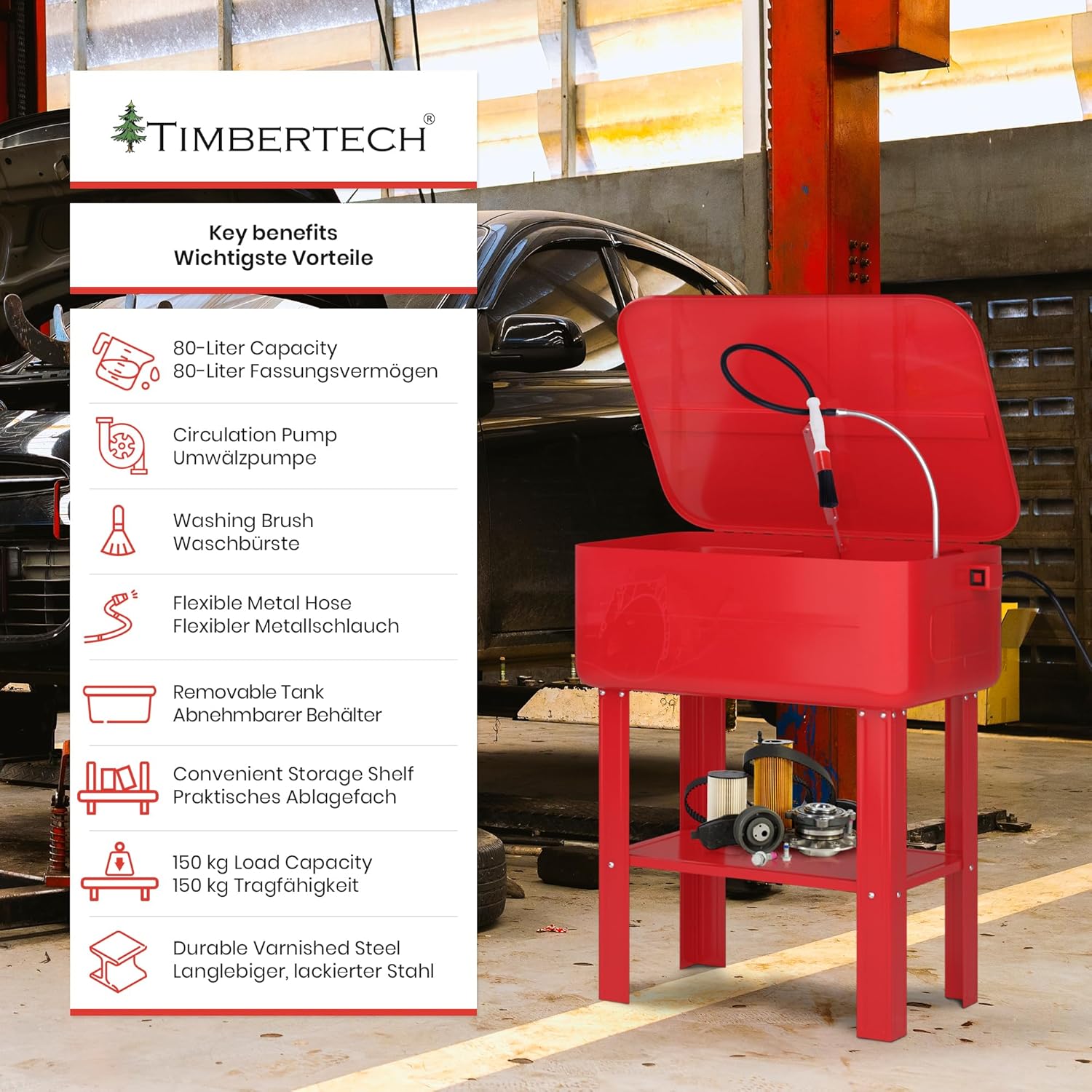 TIMBERTECH® Onderdeelwasmachine 80 liter - met 26 W pomp, 12 l/min, incl. kwast, inlegwasplaat, legplank, max. draagkracht 150 kg - onderdelenreiniger, wasmachine, werkplaats wastafel •