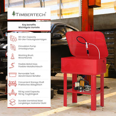 TIMBERTECH® Onderdeelwasmachine 80 liter - met 26 W pomp, 12 l/min, incl. kwast, inlegwasplaat, legplank, max. draagkracht 150 kg - onderdelenreiniger, wasmachine, werkplaats wastafel •