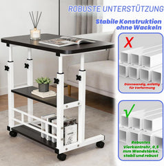 Verdego In hoogte verstelbaar bureau, bijzettafel met wielen, 2 planken, pc-tafel 40 x 60 x 63-90 cm, ruimtebesparend, kleine mobiele computertafel voor thuiskantoor, bank, bed (zwart)
