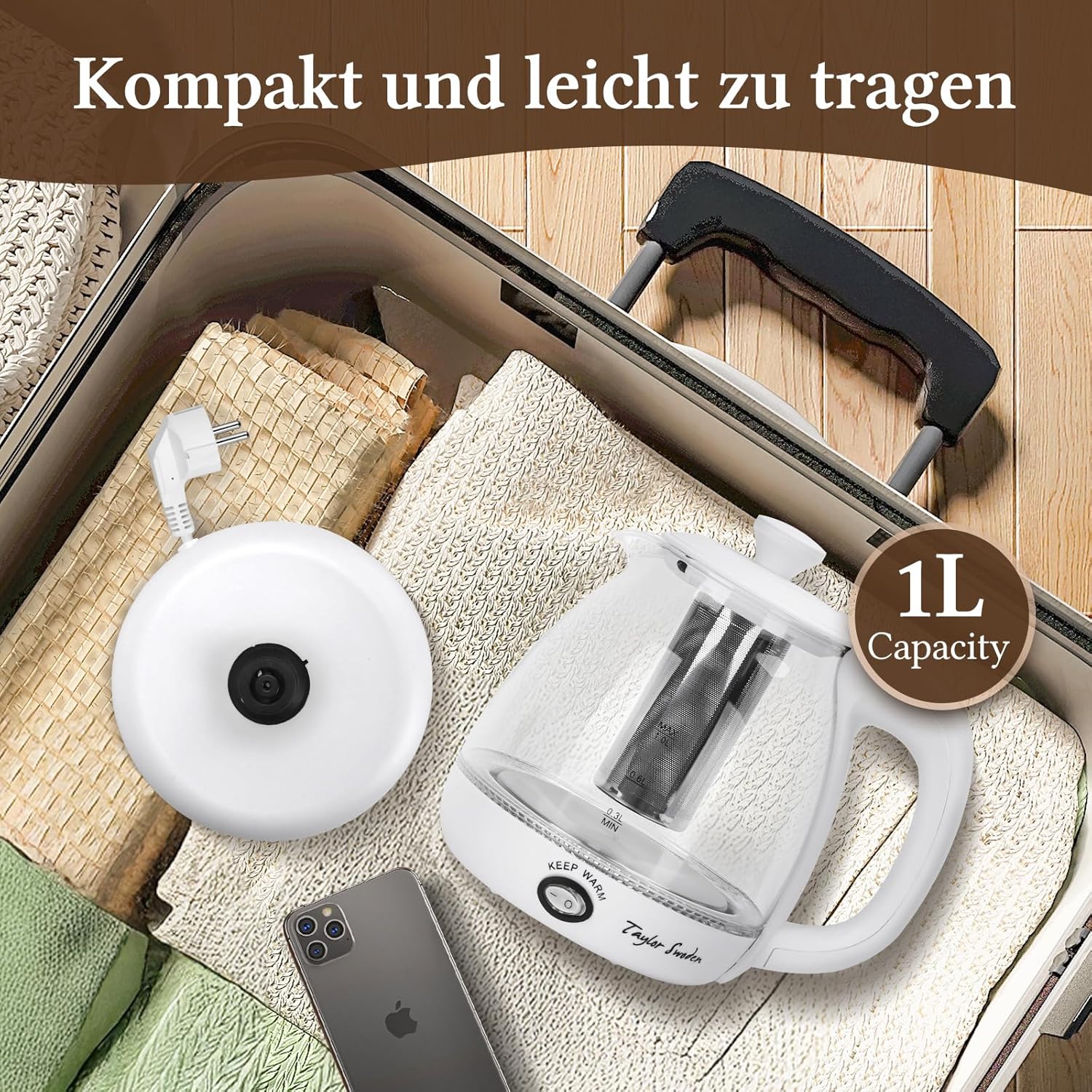 Waterkoker glas - met LED - 1L - 2200W - Wit - Taylor Swoden