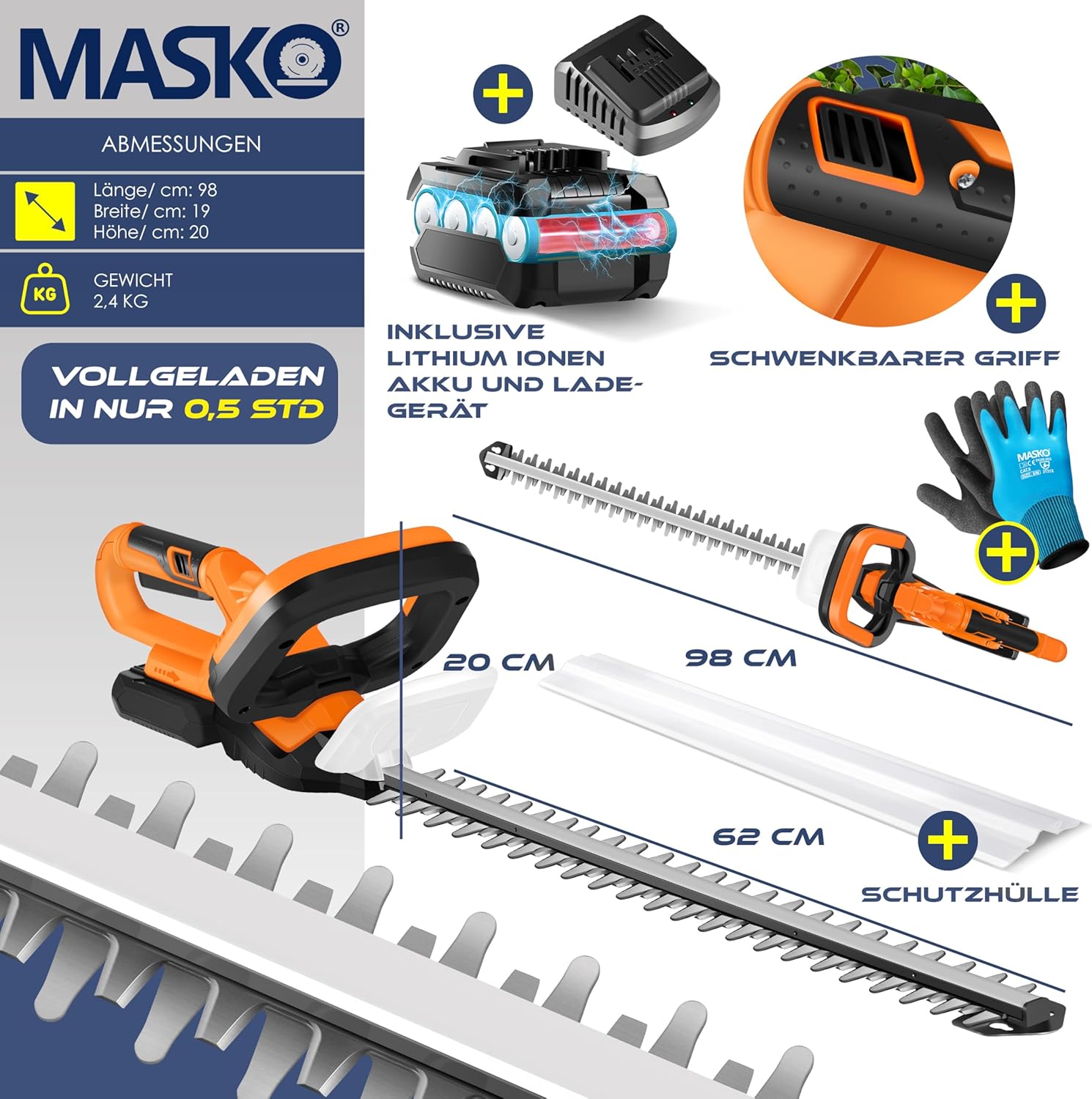 MASKO® Accu Heggenschaar - 57cm snijlengte - Oranje