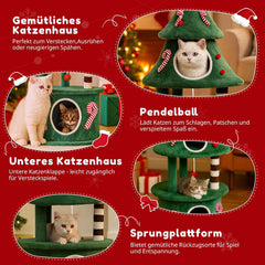 COMHOMA Krabpaal 135 cm hoog in kerstboomdesign, kattenboom met meerdere verdiepingen met kattenhuis, platforms en speelballen, stabiele klimboom voor katten, groen