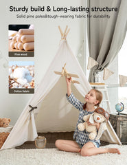 besrey Tipi-tent voor kinderen, tippi-kindertent van katoen | Kindertent inclusief verlichting en gevoerde en antislip mat, beige