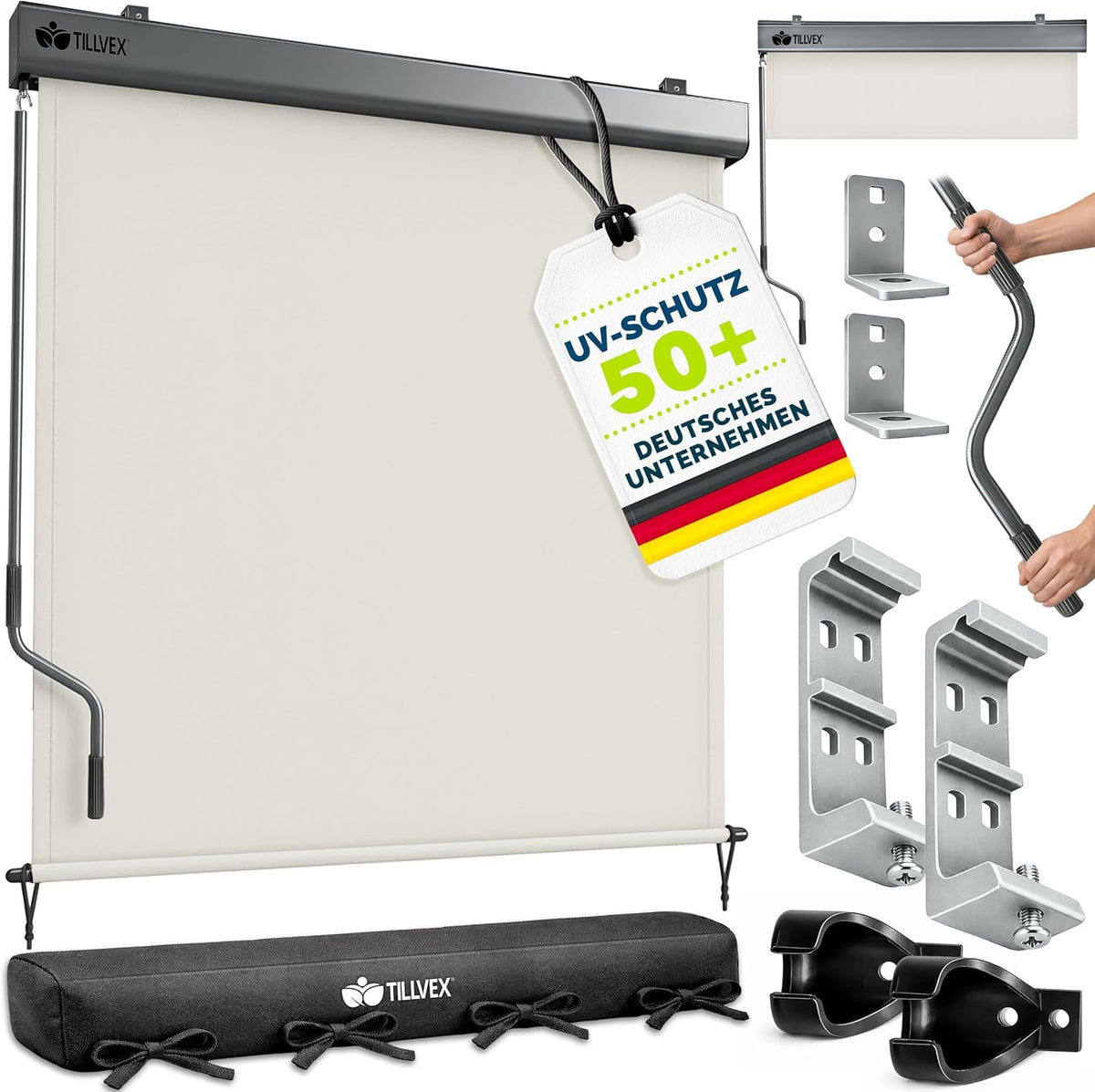 tillvex Verticale zonwering, 180 x 250 cm, voor buiten en binnen met regenhoes, buitenrolgordijn, waterdicht, met handslinger, voor balkon, terras en tuin, balkonrolgordijn, zonwering, beige
