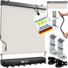 tillvex® Verticale zonwering, 200 x 250 cm, voor buiten en binnen, buitenrolgordijn, waterdicht, met handslinger, voor balkon, terras en tuin, balkonrolgordijn, zonwering van aluminium, rolgordijn met, beige