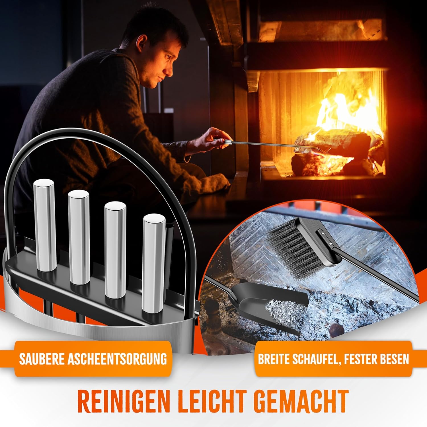 KESSER® Haardaccessoires, 5-delige haardbestek, modern design, gecoat, hoogwaardig haardgarnituur uit 5 delen: bezem, schep, pookhaak, tang, standaard met zichtbescherming, roestvrij staal, zilver