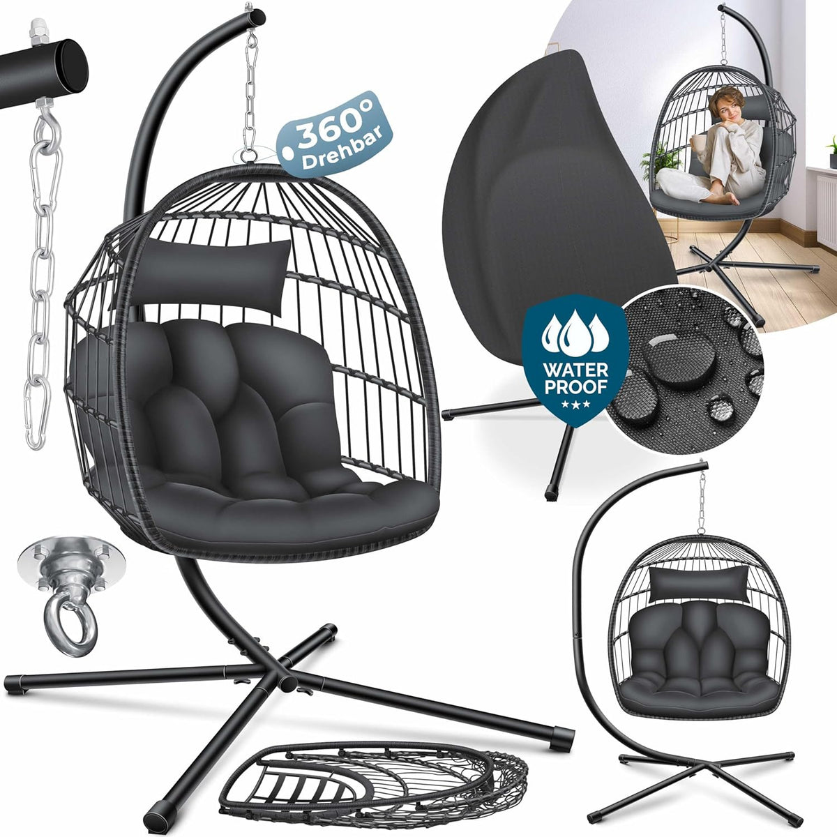 KESSER® Egg Hangstoel met Standaard - Tot 150kg - Antraciet