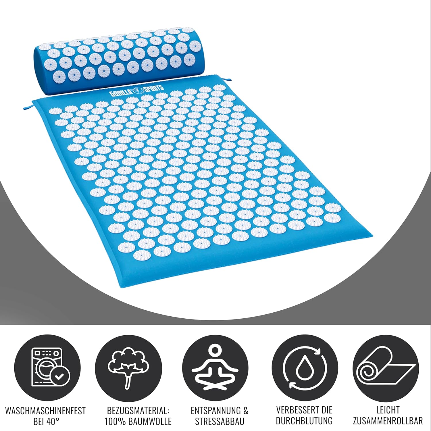 GORILLA SPORTS® Acupressuurmat, met ergonomische kussen en draagtas, 68 x 42 x 2,5 cm, wasbaar, van katoen, kleurkeuze, massagemat, nagelmat, acupunctuurmat