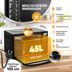 Vrijstaande oven - Hetelucht oven - 45 Liter - 2000W - Zwart - Stilstern
