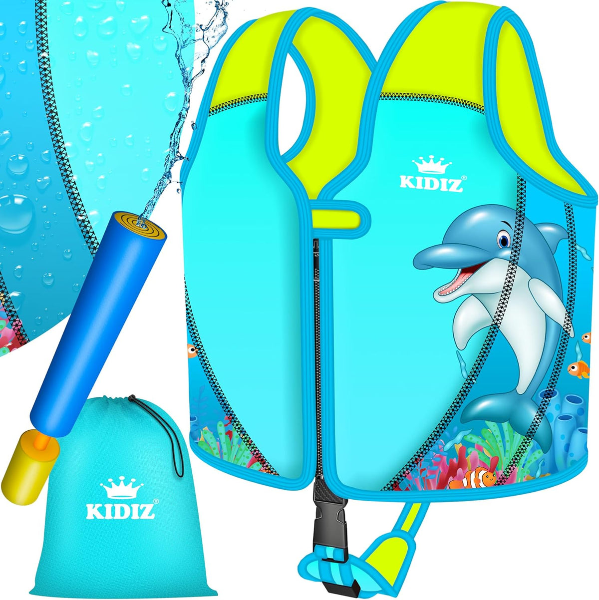 KIDIZ® Zwemvest voor kinderen, maat L, 5-9 jaar, zwemhulp voor jongens en meisjes, zwemvest voor baby's en peuters, zwemvest met klittenbandsluiting, zwemvest van neopreen met waterpistool,