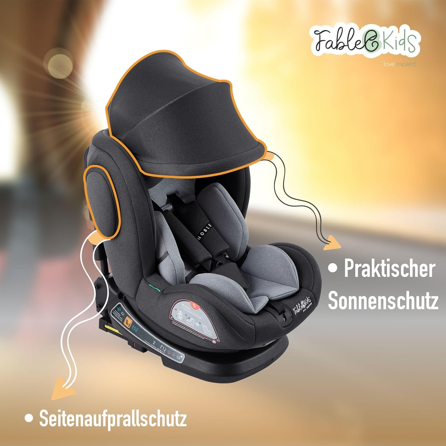 FableKids Kinderautostoel met Isofix, 360 graden draaibaar, autokinderzitje, autostoeltje, i-size 40-150 cm, 5-punts veiligheidsgordel, 8-voudig instelbare hoofdsteun, ECE R129/03, grijs