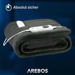 Arebos Elektrische deken van pluche, 200 x 180 cm, elektrische warmtedeken met automatische uitschakeling, machinewasbaar, timer, oververhittingsbeveiliging, voorverwarmingsfunctie, 9 warmtestanden,
