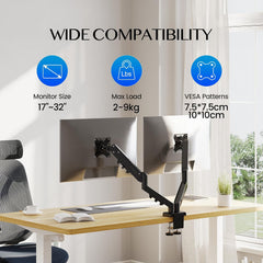 FLEXISPOT monitorbeugel voor 2 monitoren van 17–32 inch, 2–9 kg per arm, VESA 75×75/100×100, met kabelgeleiding, zwart