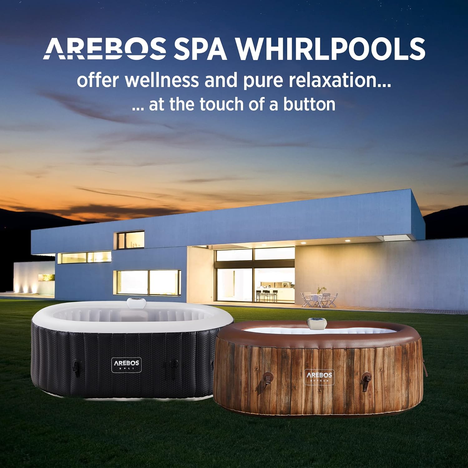 Arebos Whirlpool met ledverlichting, opblaasbaar, binnen en buiten, 190 x 120 cm ovaal, 2 personen, 90 massagejets, met verwarming, 550 liter, inclusief afdekking, bubbelspa en wellnessmassage