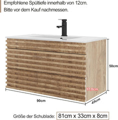 UEV Wastafelonderkast hangend 90cm, Soft-Close-systeem, natuur, met 2 laden, zonder wastafel