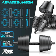 Dumbells set - Gewichten set - Halterset - Verstelbaar - 30 kg - Zwart - RE:SPORT