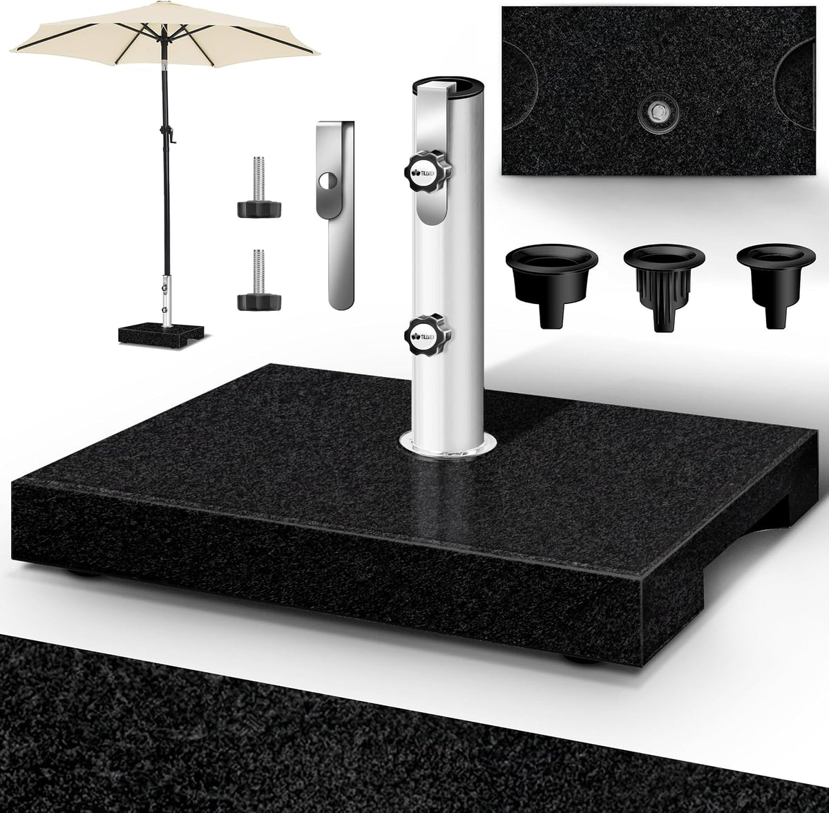 tillvex® Granieten parasolstandaard met draaggreep, 25 kg, rechthoekig, parasolstandaard met roestvrijstalen buis, balkonparasolstandaard voor parasolstokken van 16-48 mm en 250 cm parasoldiameter