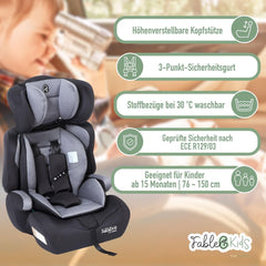 FableKids Kinderautostoel 9-36 kg, 3-punts veiligheidsgordel, autokinderzitje vanaf 15 m, autostoel voor kinderen 76-150 cm, kinderzitje, verstelbare hoofdsteun, ECE R129/03, verstelbaar, grijs