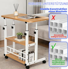 Verdego In hoogte verstelbaar bureau, bijzettafel met wielen, 2 planken, pc-tafel 40 x 60 x 63-90 cm, ruimtebesparend, kleine mobiele computertafel voor thuiskantoor, bank, bed (walnoot)