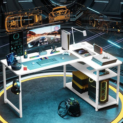 COMHOMA Gamingtafel met stopcontact, 130 x 80 cm, bureau, hoekbureau met USB-oplaadaansluiting en plank, computertafel, L-vorm, pc-tafel voor kantoor, thuiskantoor