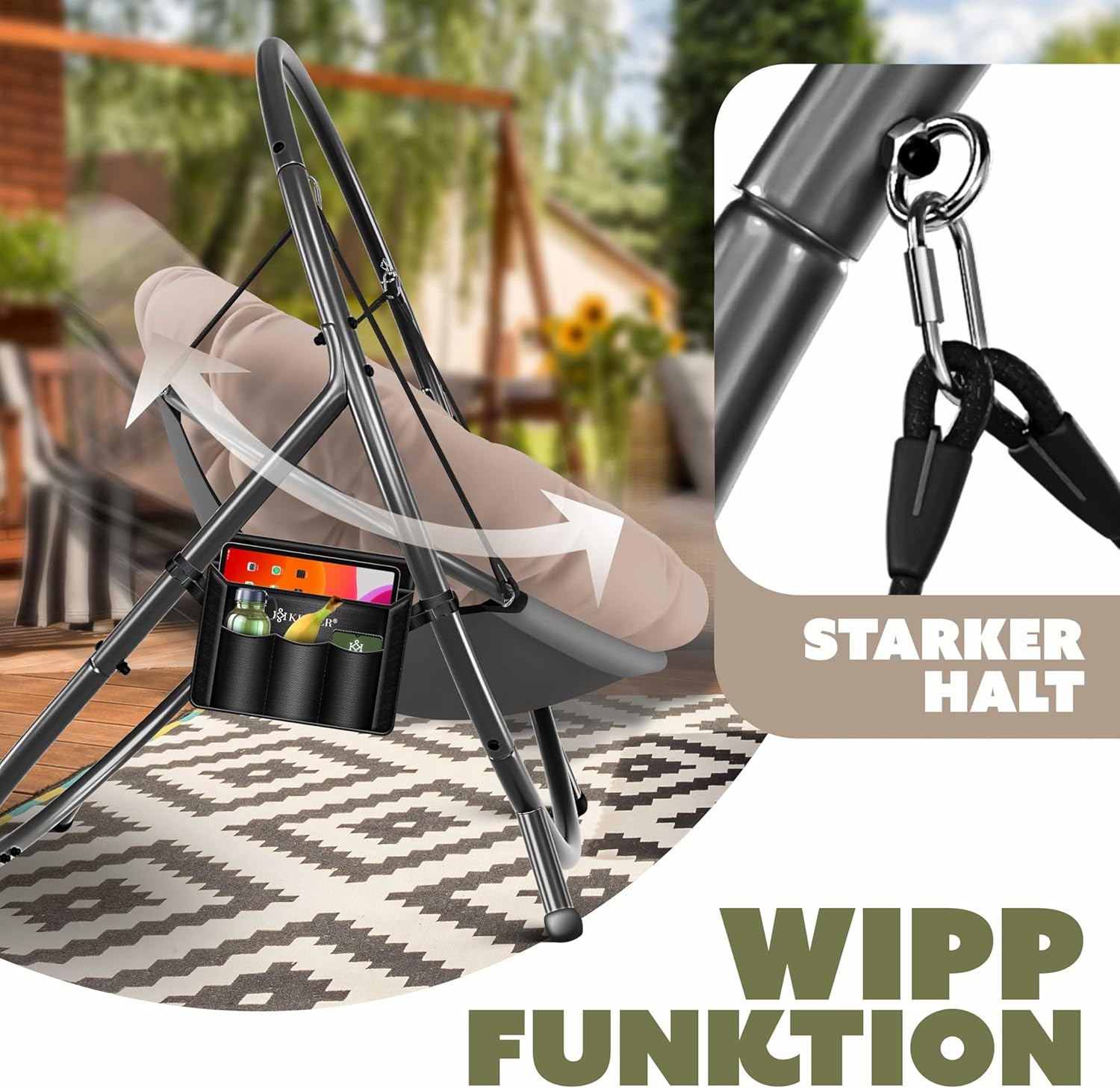 KESSER® Hangstoel met frame Bali hangschommel, hangstoel tot 150 kg, voor binnen en buiten, inclusief kussen en zijtas, hangmand, stalen frame en schuimrubberen zitkussen