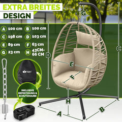 tillvex® Hangstoel met frame, outdoor en weerbestendige afdekking incl. bevestiging, hangmand inklapbaar tot 150 kg, hangstoel van rotan, hangstoel voor binnen, tuin, balkon, terras (taupe)